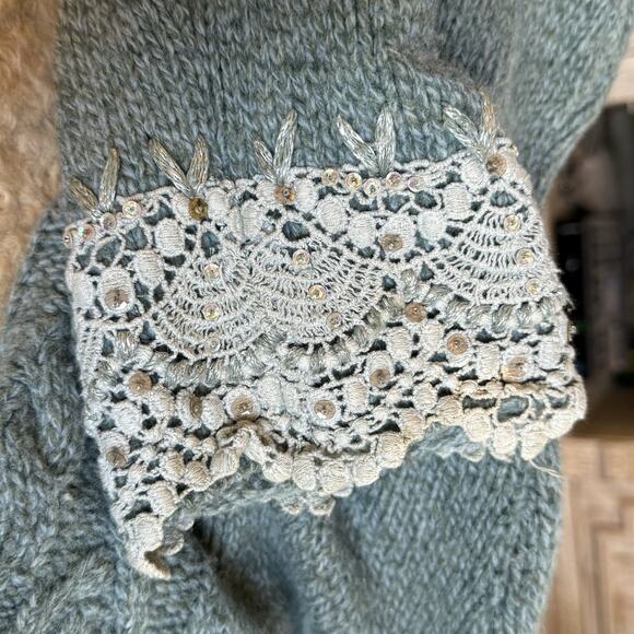 Anthropologie Sleeping on Snow Cardigan Sweater XL Cable Knit Lace Cuff Sleeves - Picture 6 of 16